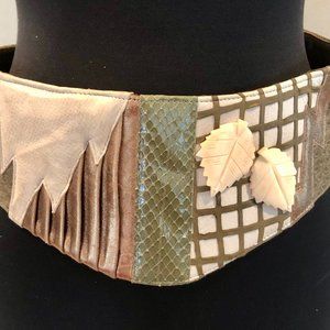 Vintage Waldorf Creations Belt Womens Leather Green Cream Ivory Wearable Art New